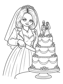 A doll bride cuts a tiered cake with skeleton toppers on this tiffany coloring page.