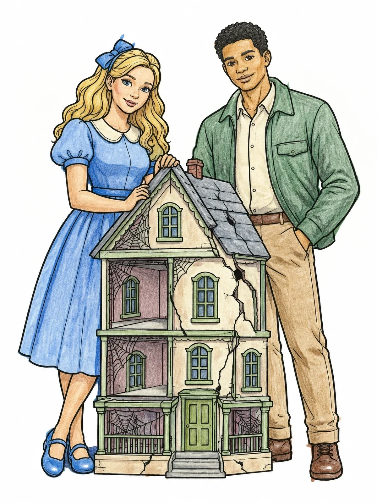 Colored example of the Doll Couple With Spooky Dollhouse coloring page