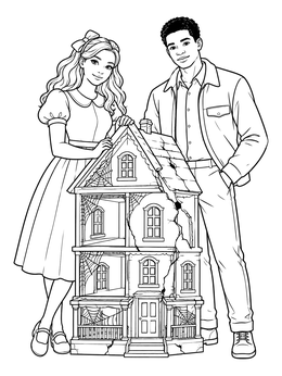 A doll couple stands beside a cracked dollhouse with cobwebs on this tiffany coloring page.