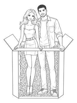 A doll couple standing inside a gift crate on this tiffany coloring page.