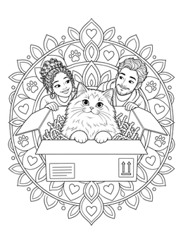 A fluffy cat inside a delivery box with a couple on this tiffany coloring page.