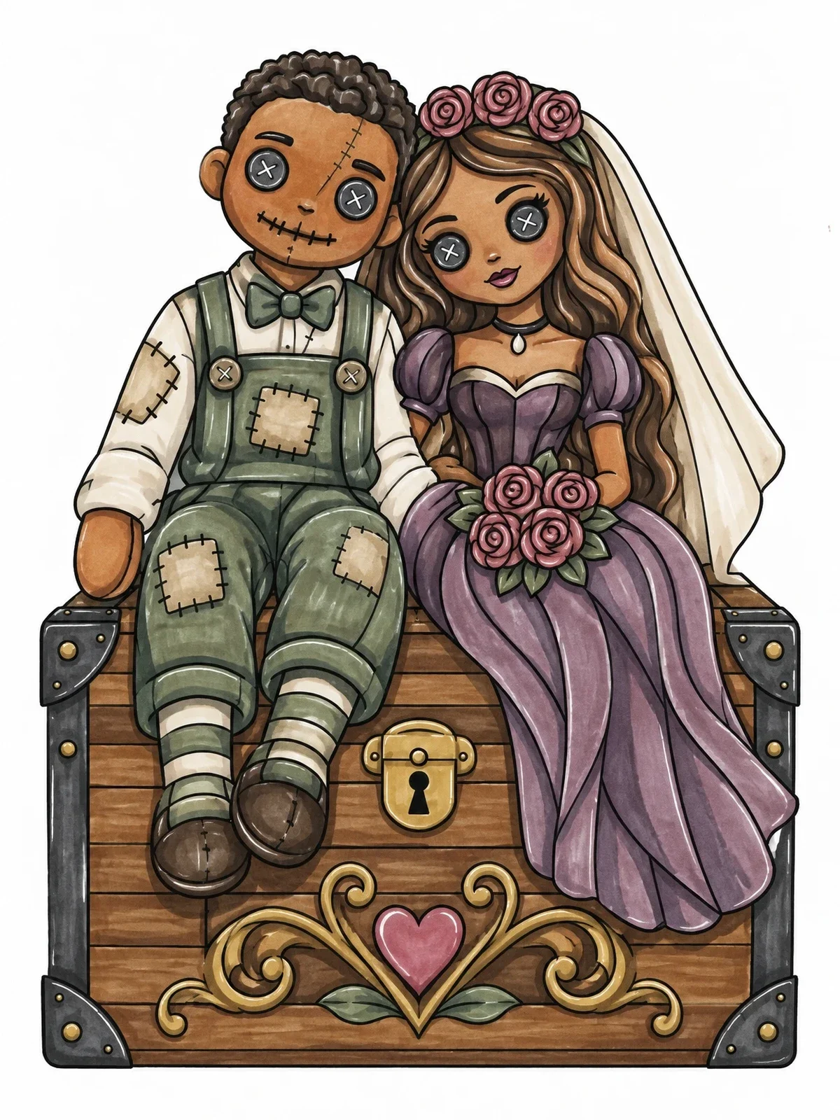 Colored example of the Gothic Bride And Ragdoll Groom coloring page