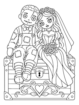 A gothic bride doll and patched ragdoll sitting together on a chest in this tiffany coloring page.