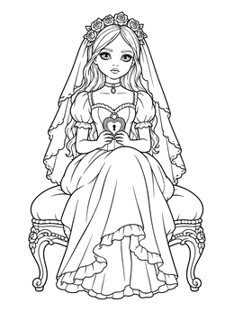 A doll-like bride sits on an ornate stool holding a heart lock in this tiffany coloring page.
