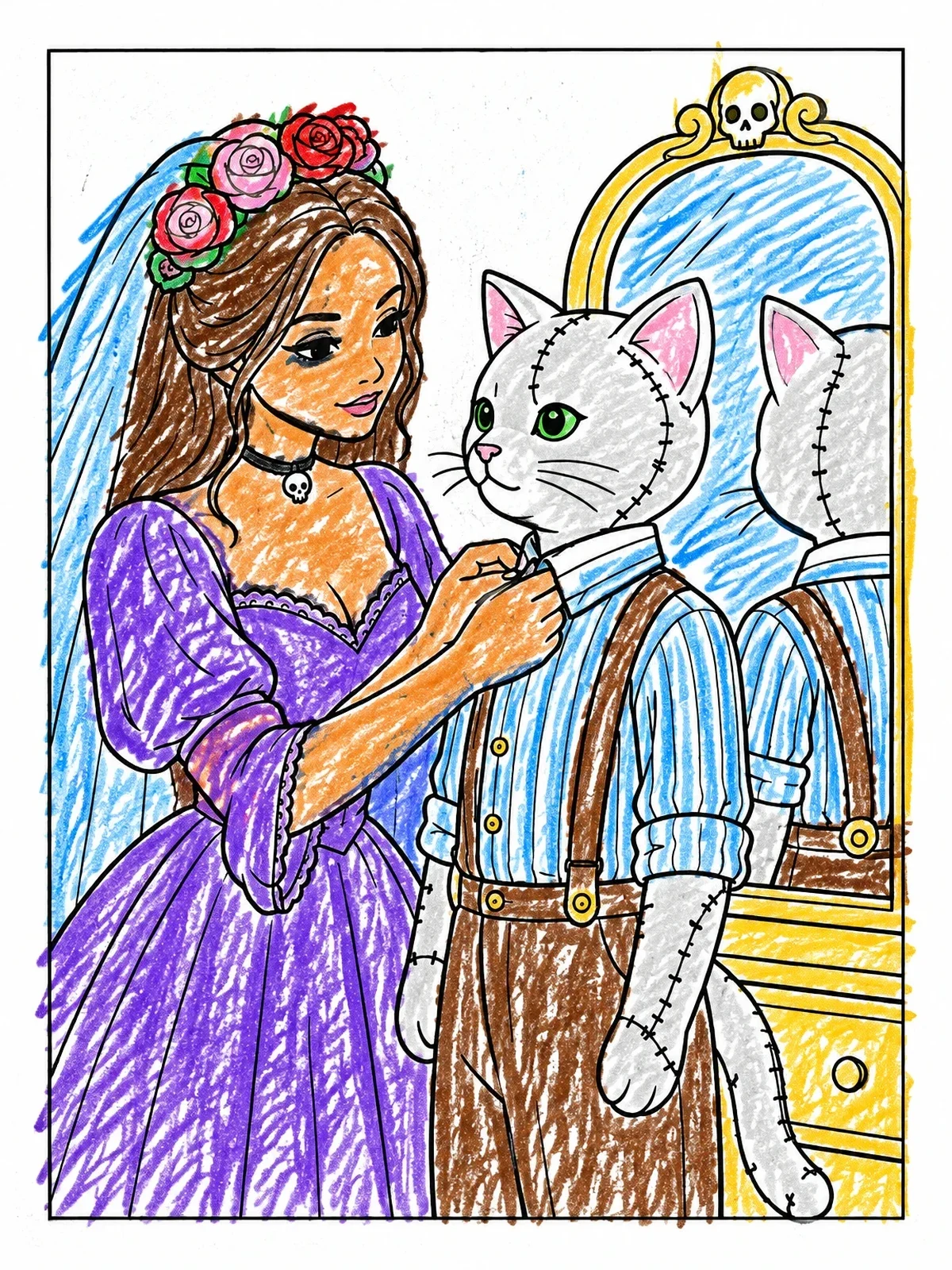 Colored example of the Gothic Bride Dressing Cat Companion coloring page