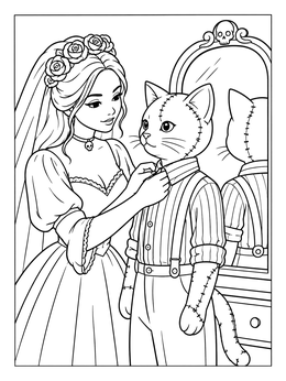 A gothic bride adjusts the collar of a stitched cat doll in this tiffany coloring page.
