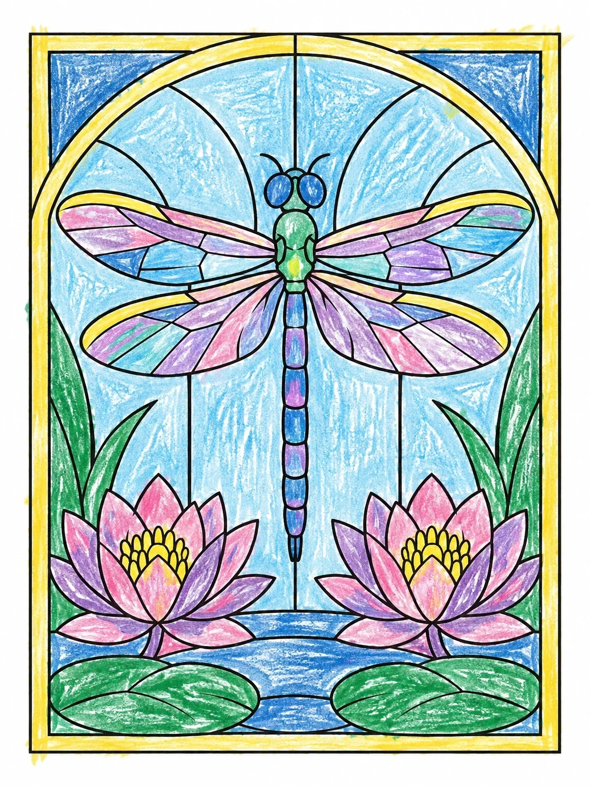 Colored example of the Stained Glass Dragonfly And Water Lilies coloring page