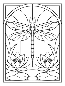 A detailed tiffany coloring page featuring a dragonfly resting above blooming water lilies in stained glass.