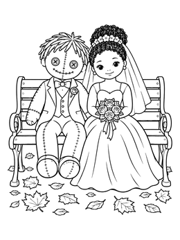 A stitched ragdoll groom and his bride sit together on a park bench in this tiffany coloring page.