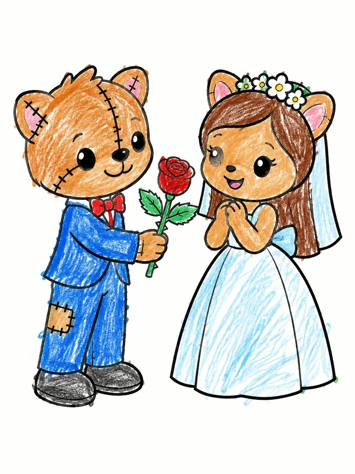 Colored example of the Teddy Groom Offering Rose To Bride coloring page