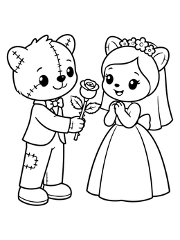 A stitched teddy groom gives a rose to his bride on this tiffany coloring page.