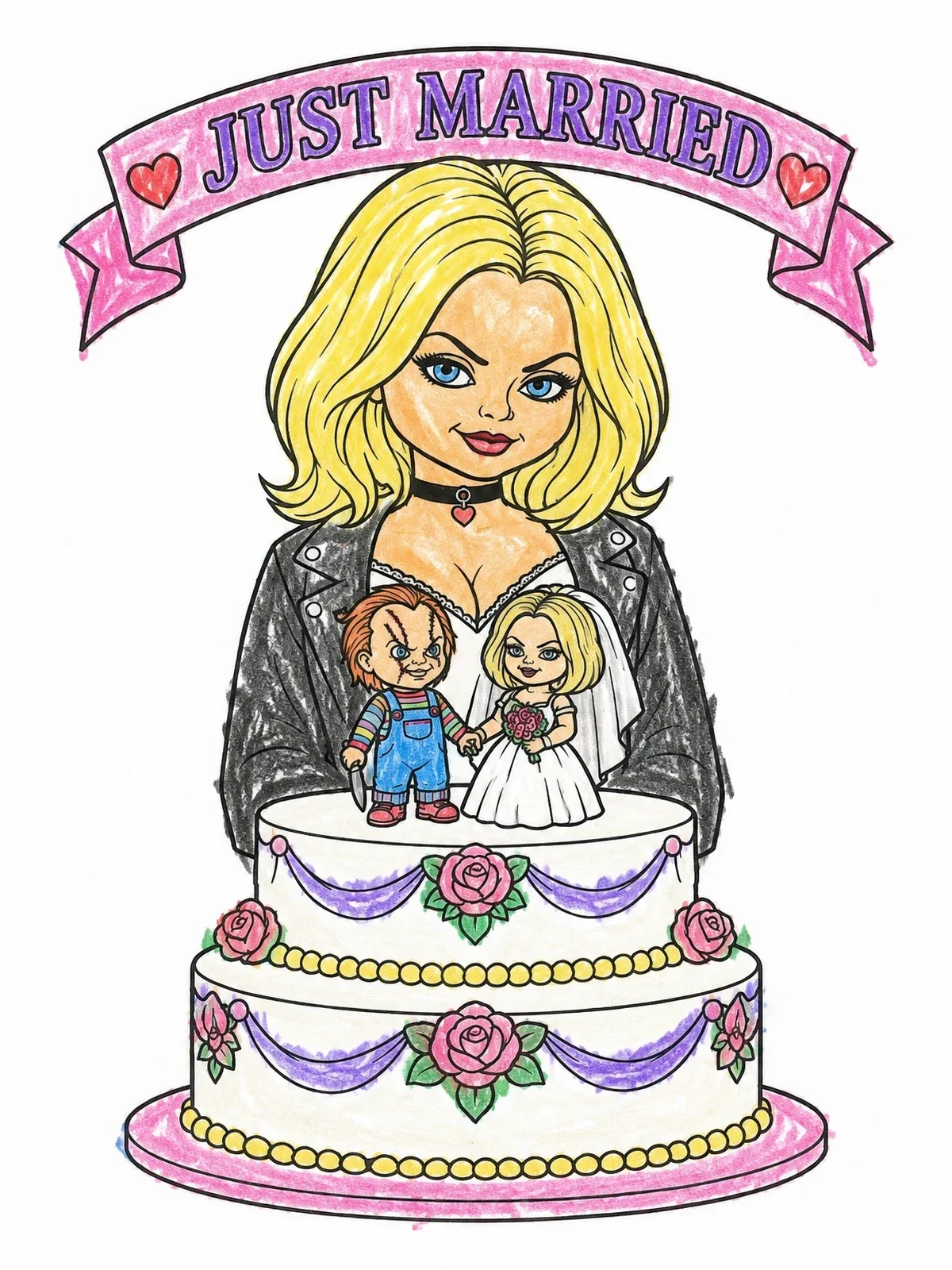Colored example of the Tiffany Bride With Wedding Cake coloring page