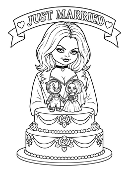 A decorative tiffany coloring page featuring a bride doll standing behind a decorated two-tier wedding cake.