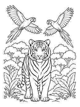 A wild tiger walks among lush greenery below two flying parrots in this jungle coloring page.