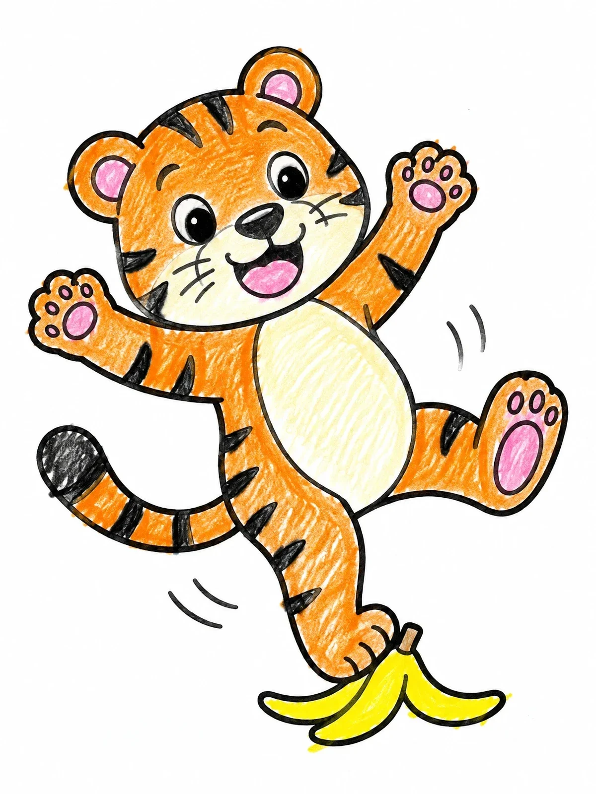Colored example of the Playful Tiger Slipping On Banana Peel coloring page