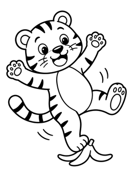 Free printable Playful Tiger Slipping On Banana Peel coloring page