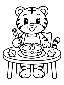 A cute tiger coloring page featuring a happy cub sitting at a table with pumpkin pie.