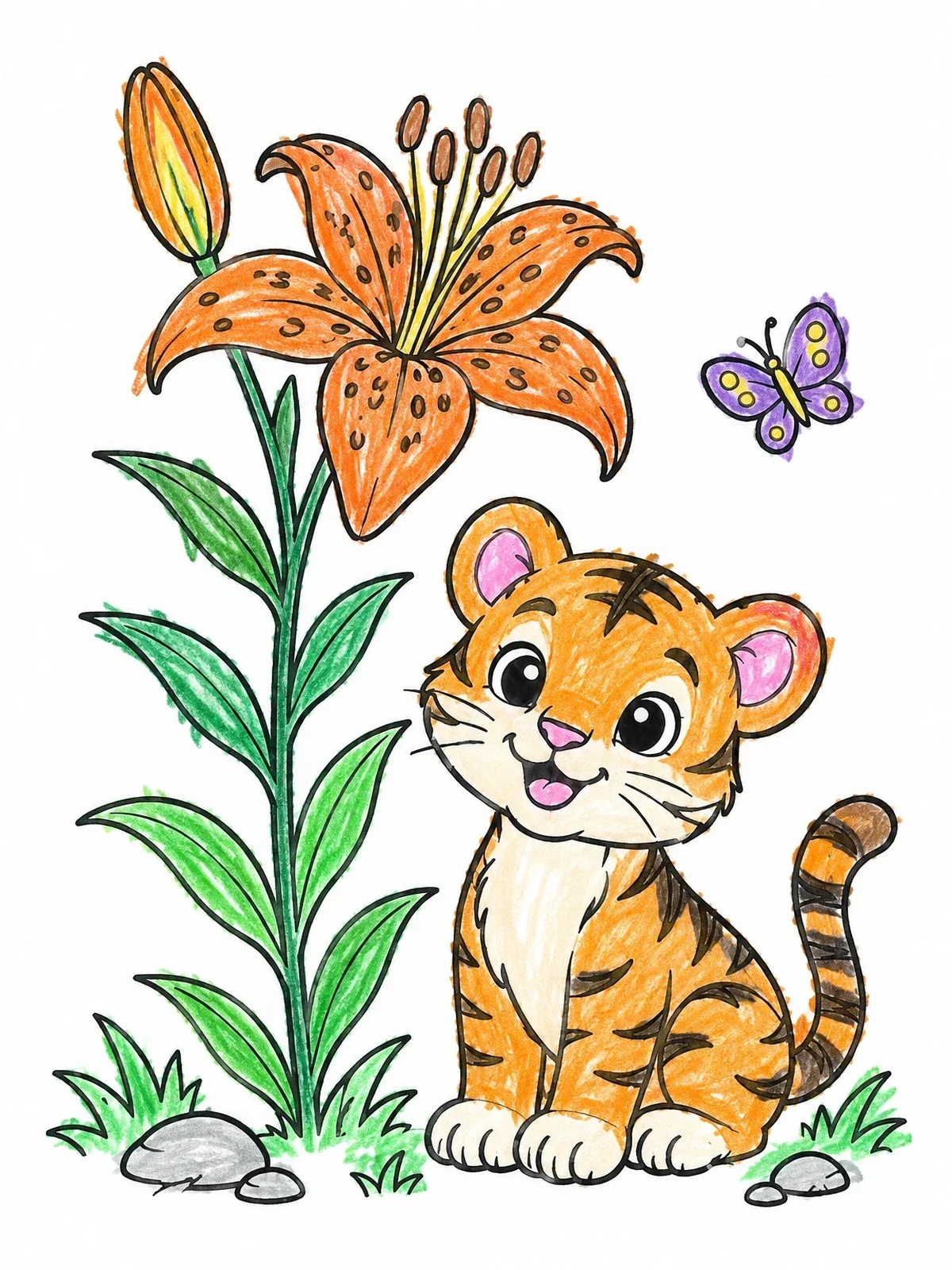 Colored example of the Tiger Cub With Tiger Lily Flower coloring page