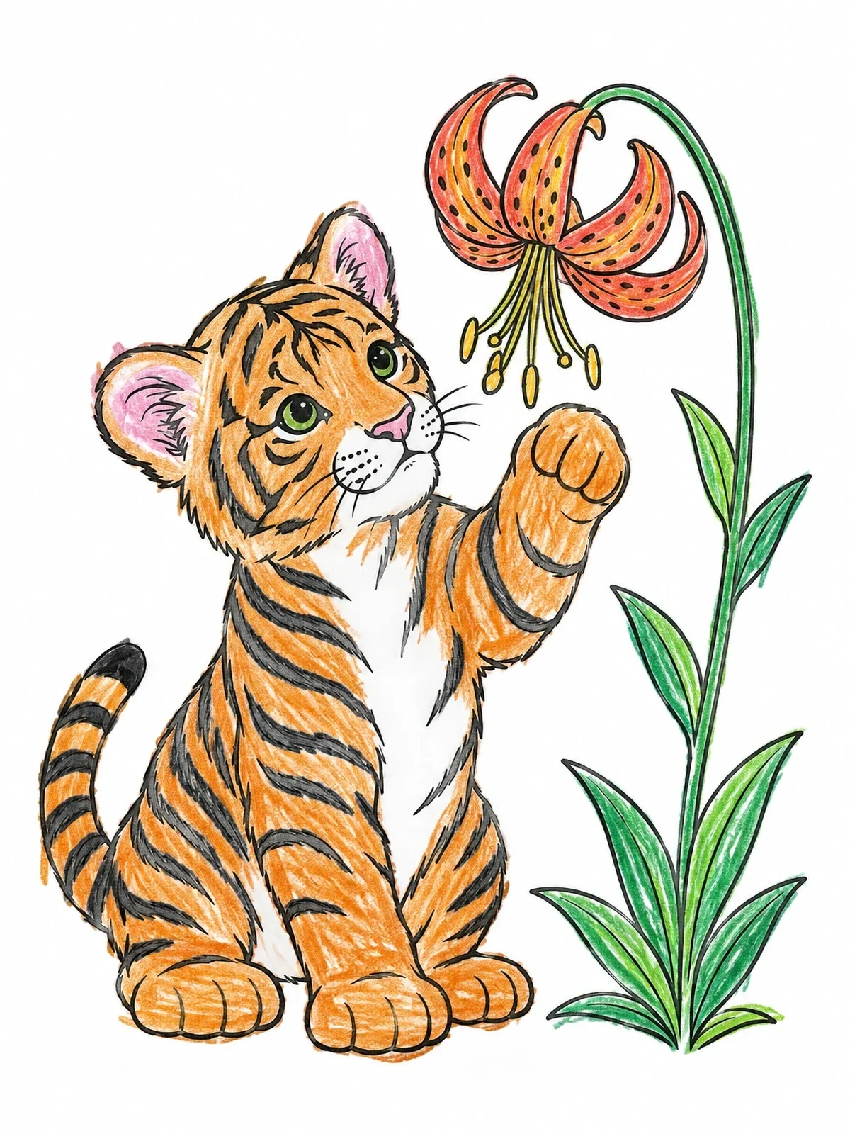 Colored example of the Tiger Cub With Tiger Lily Flower coloring page