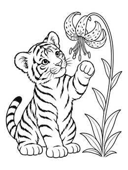 Free printable Tiger Cub With Tiger Lily Flower coloring page