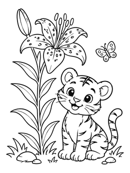 Free printable Tiger Cub With Tiger Lily Flower coloring page