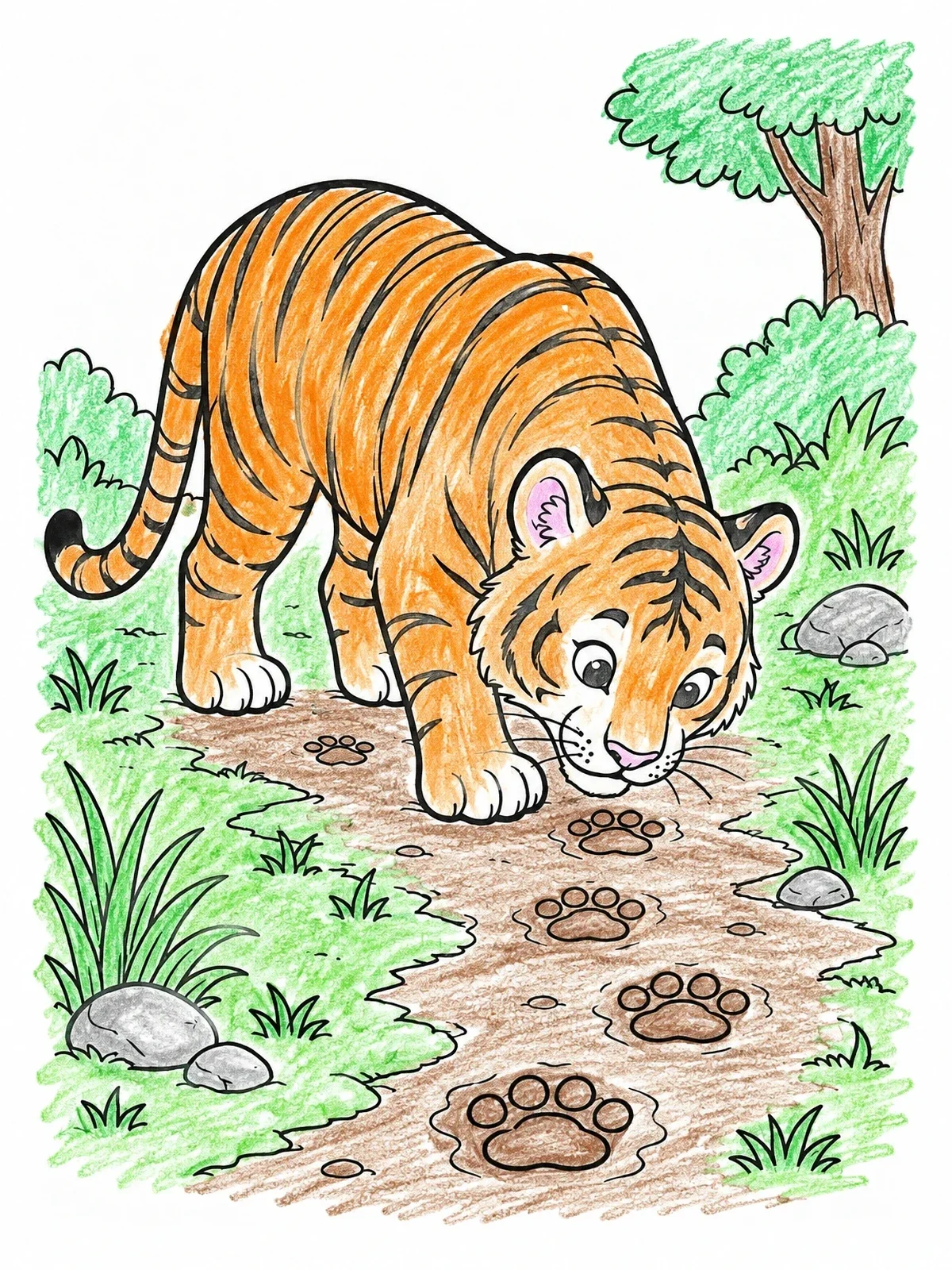 Colored example of the Curious Tiger Cub Tracking Paw Prints coloring page