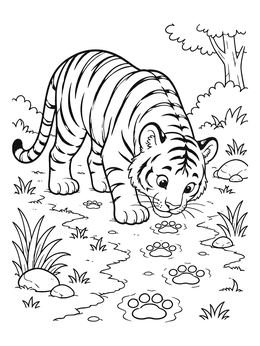 A cute cub explores a trail on this tiger coloring page.
