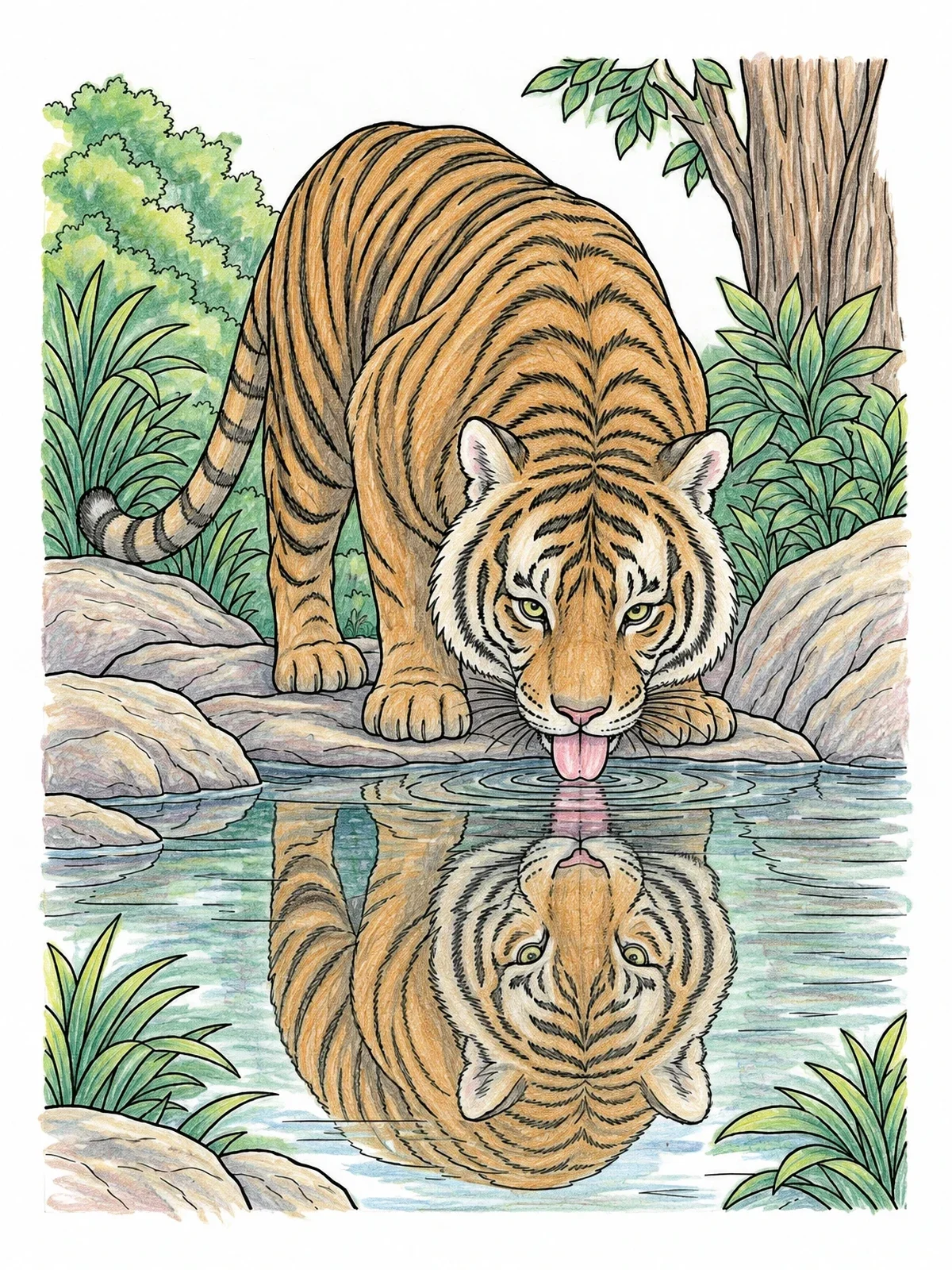 Colored example of the Tiger Drinking From Forest Pool coloring page