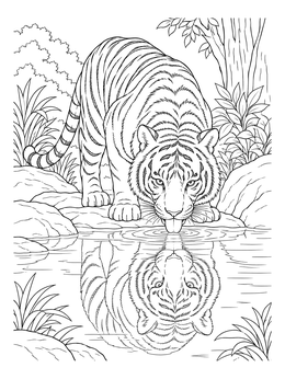 A detailed tiger coloring page showing the majestic animal drinking water with its reflection in a jungle pool.