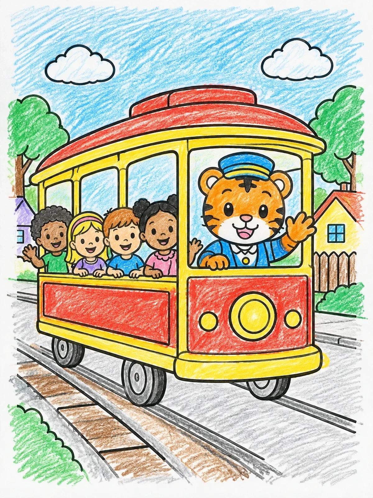 Colored example of the Tiger Driving Neighborhood Trolley With Kids coloring page