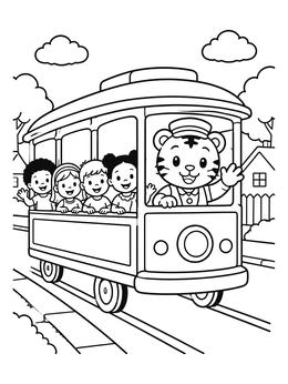 Free printable Tiger Driving Neighborhood Trolley With Kids coloring page