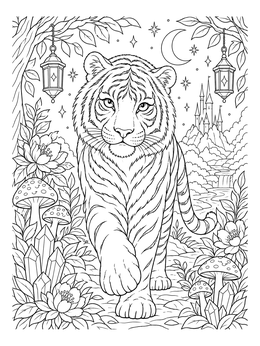 Detailed tiger coloring page walking through a magical forest with lanterns and a distant castle.