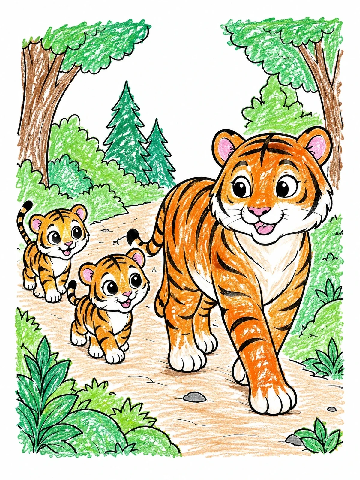 Colored example of the Tiger Family Forest Walk coloring page