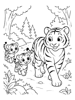 A mother tiger leads her two cubs along a path in this tiger coloring page.