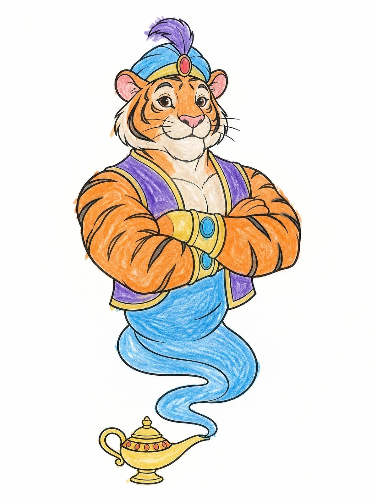 Colored example of the Tiger Genie Emerging From Lamp coloring page