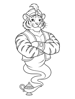 Free printable Tiger Genie Emerging From Lamp coloring page