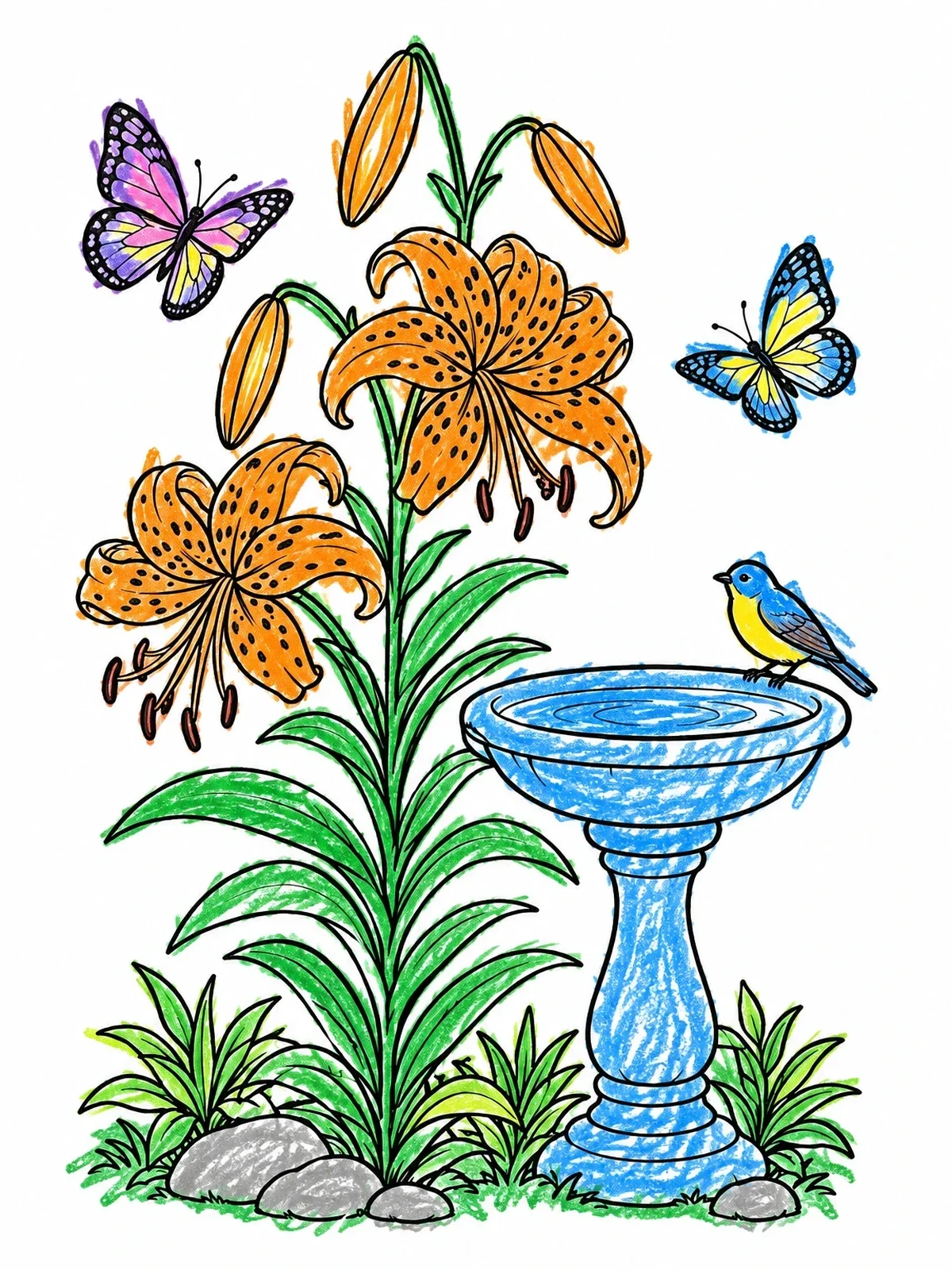 Colored example of the Tiger Lilies By The Birdbath coloring page