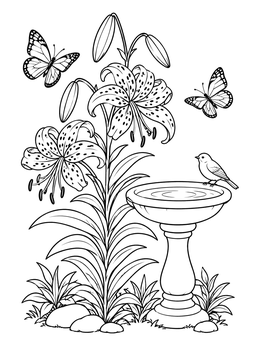 Free printable Tiger Lilies By The Birdbath coloring page