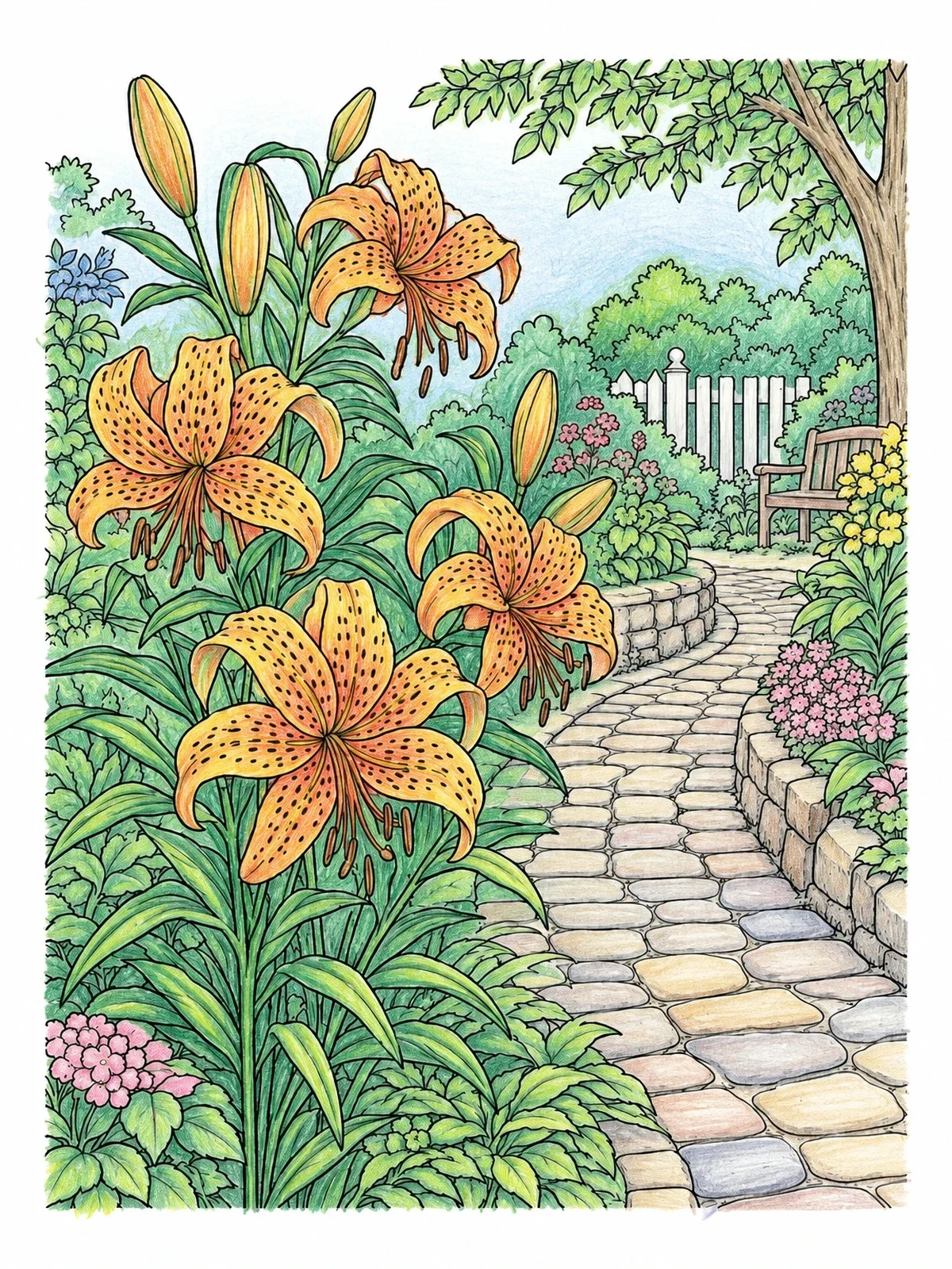 Colored example of the Tiger Lilies By The Garden Path coloring page