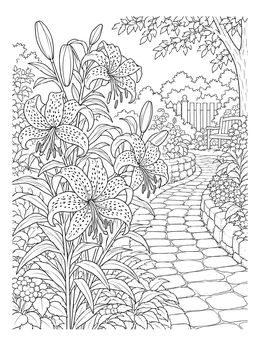 Free printable Tiger Lilies By The Garden Path coloring page