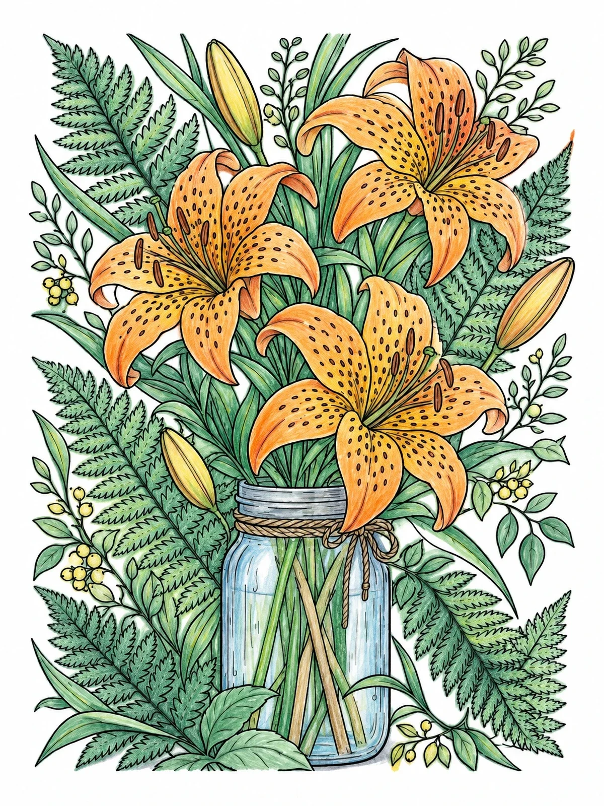 Colored example of the Tiger Lilies In A Mason Jar coloring page