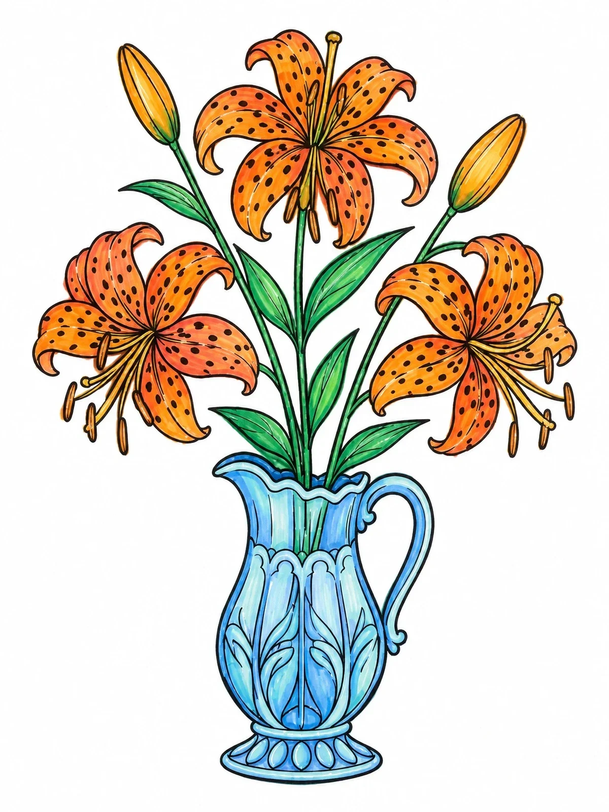 Colored example of the Tiger Lilies In Vintage Pitcher coloring page