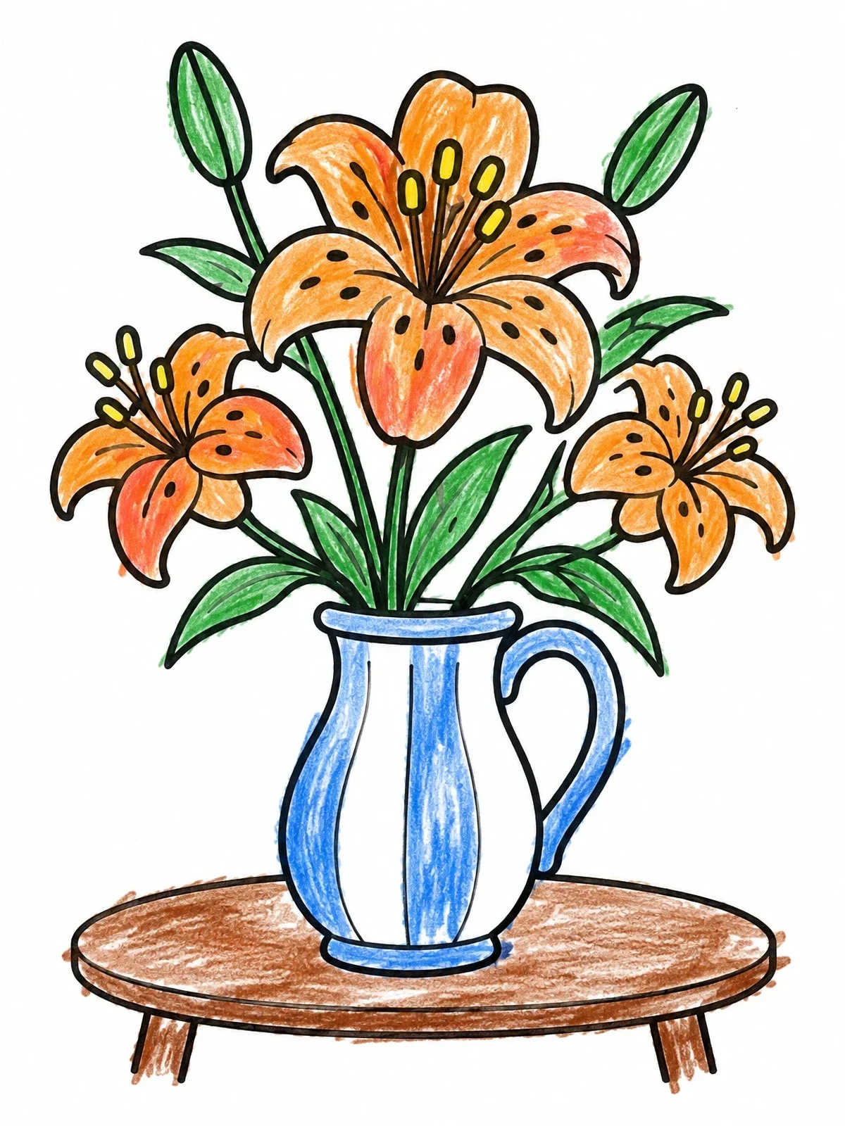 Colored example of the Tiger Lily Bouquet In Pitcher coloring page