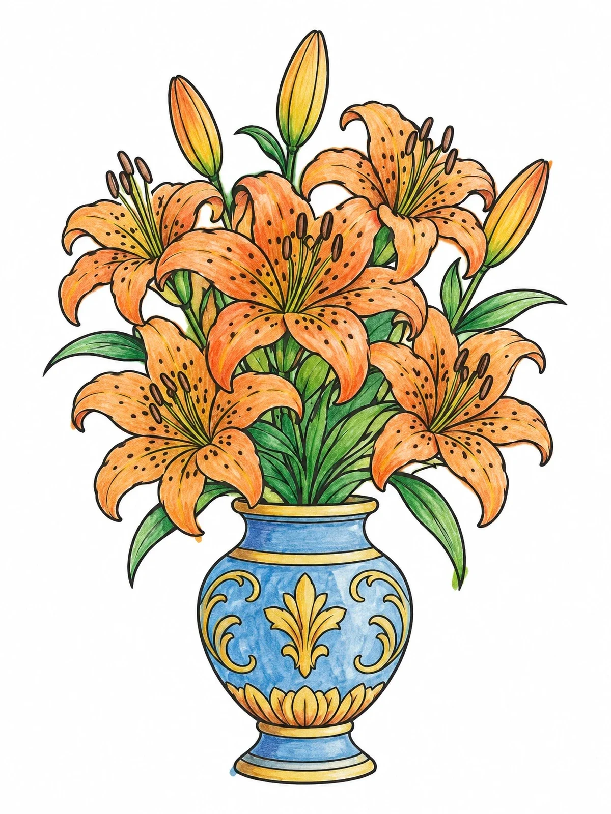 Colored example of the Tiger Lily Bouquet In Classical Vase coloring page