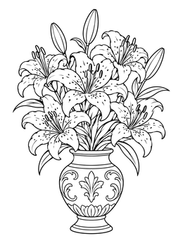 Free printable Tiger Lily Bouquet In Classical Vase coloring page