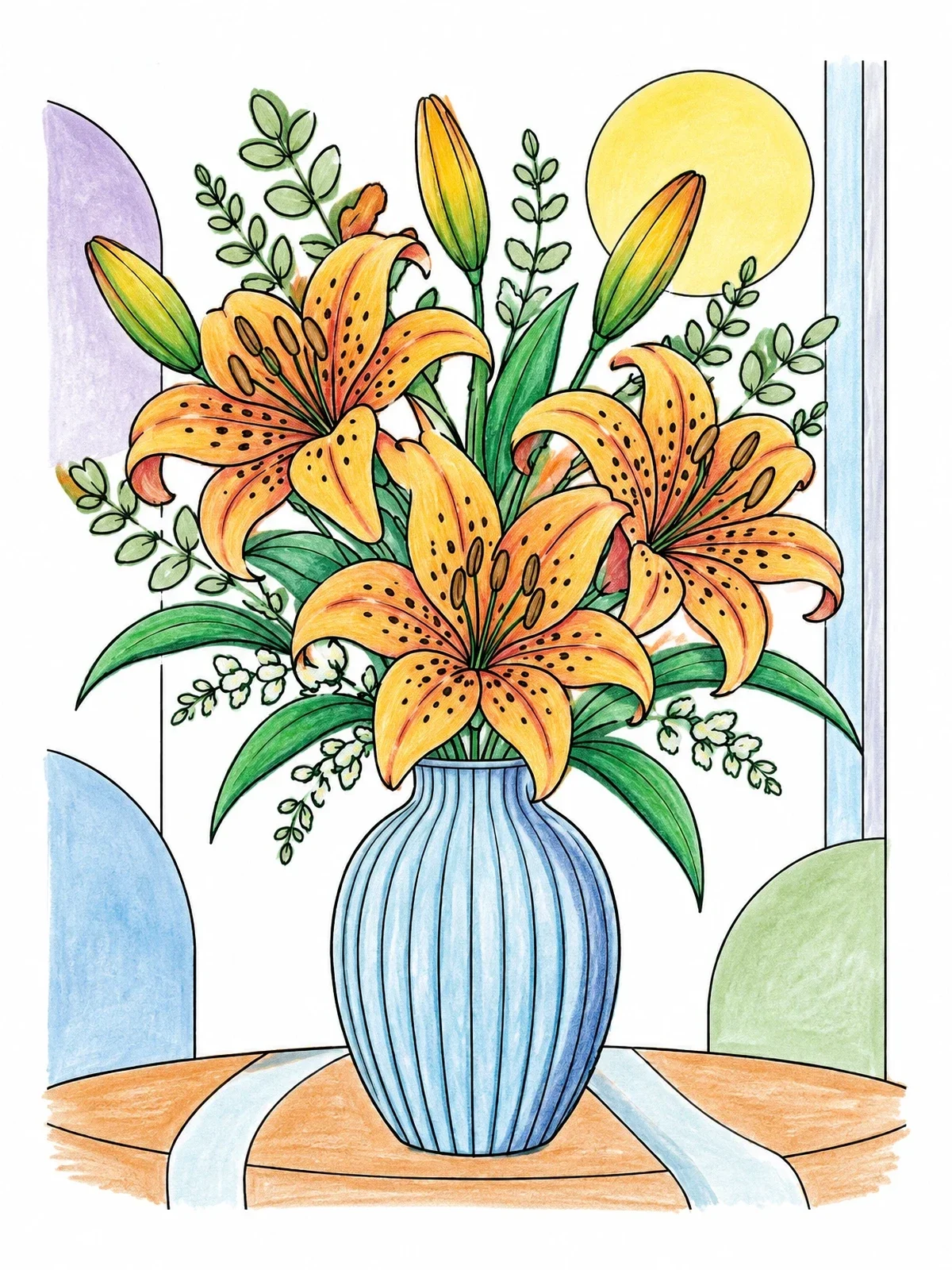 Colored example of the Tiger Lily Bouquet In Ribbed Vase coloring page