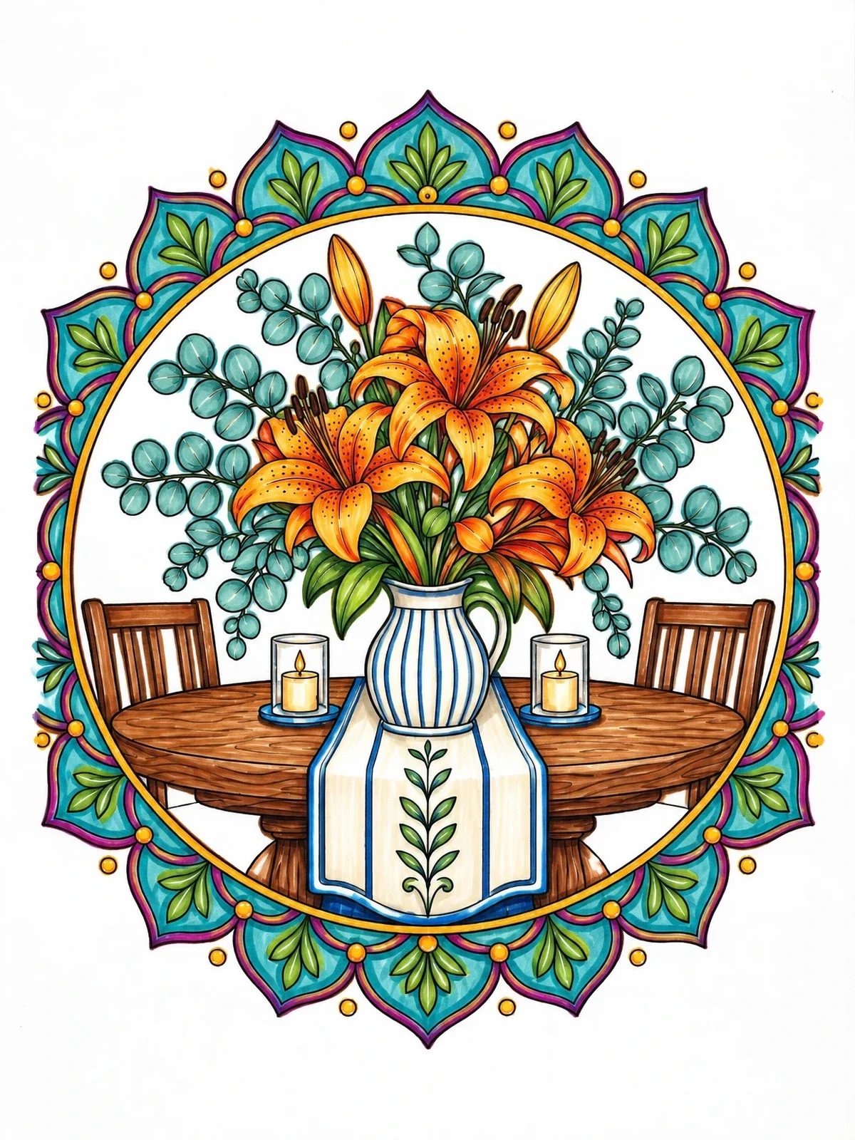 Colored example of the Tiger Lily Dining Table Centerpiece coloring page