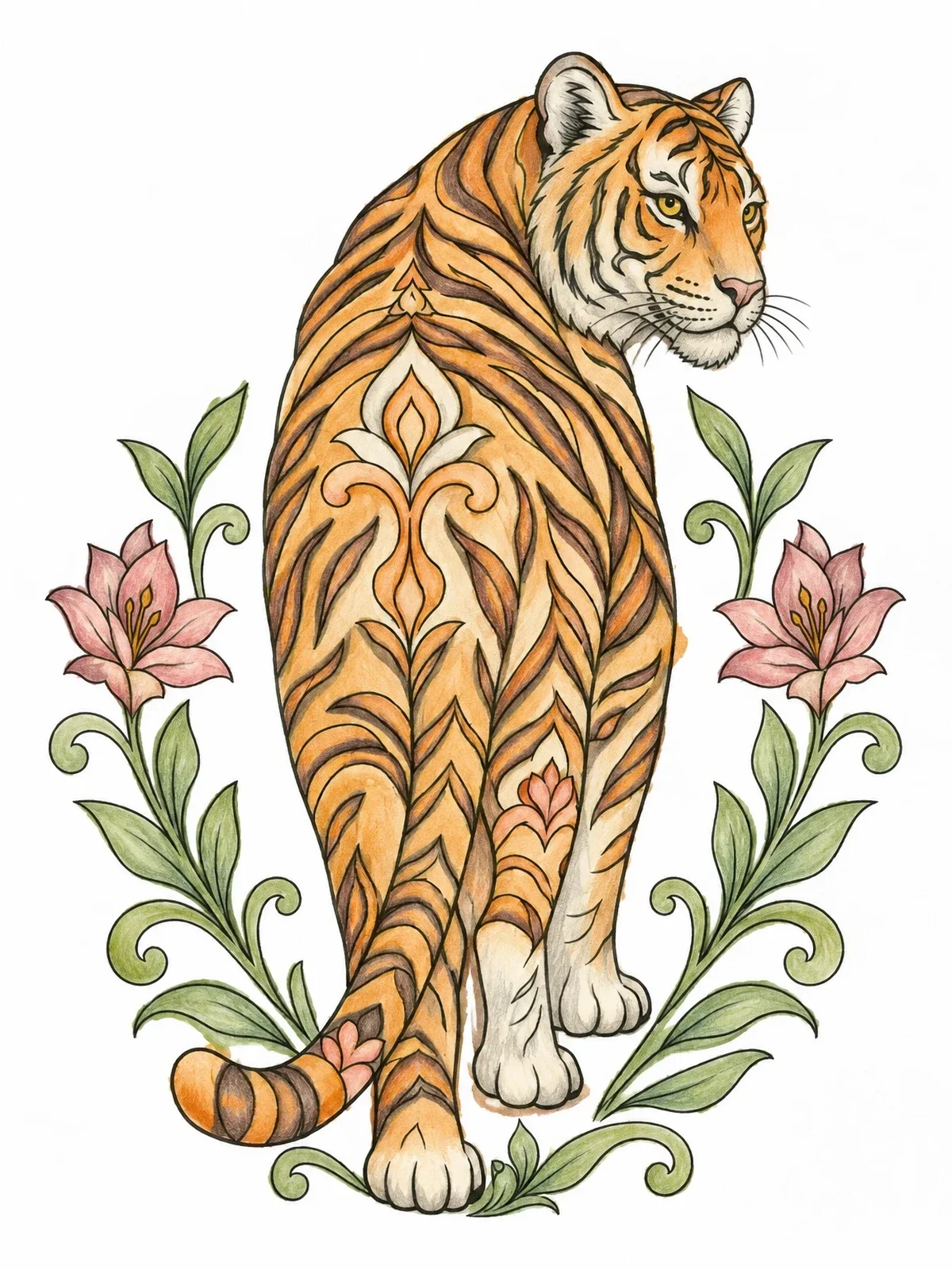 Colored example of the Tiger Looking Back With Floral Motifs coloring page