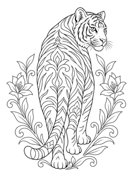 An ornate tiger coloring page featuring a tiger looking over its shoulder flanked by lilies.