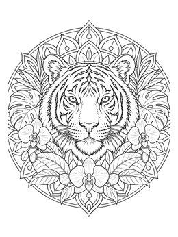 Intricate tiger coloring page framed by lush tropical orchids and a mandala pattern.